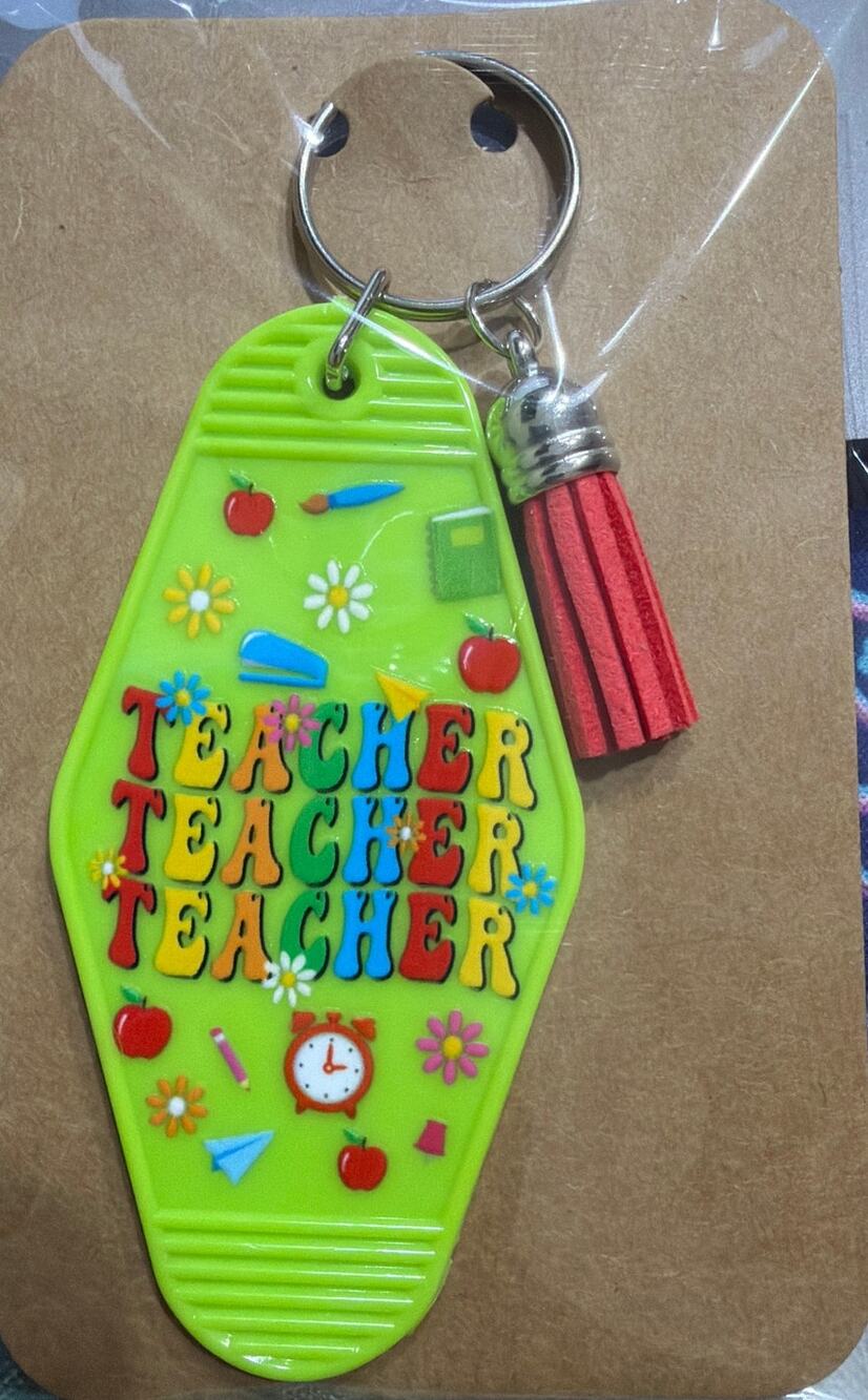 Teacher Green & Red Tassel Vintage Hotel Motel Keychain Key Chain Handmade
